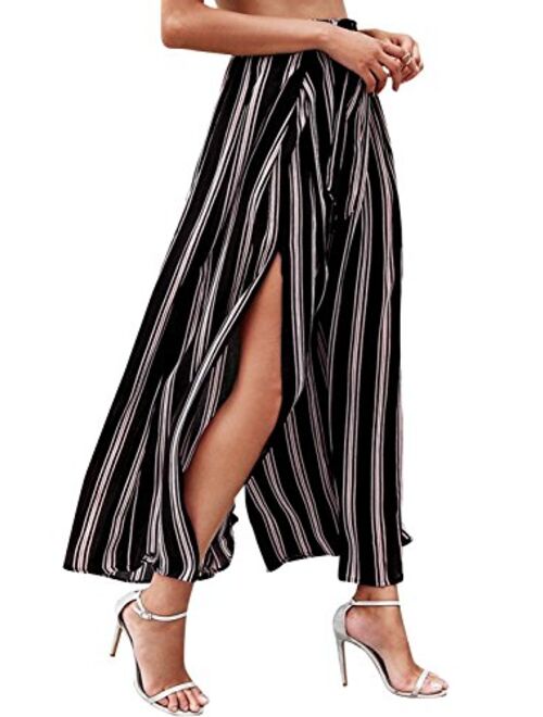 BerryGo Women's BohoHighWaistSplitStripeWideLegPants