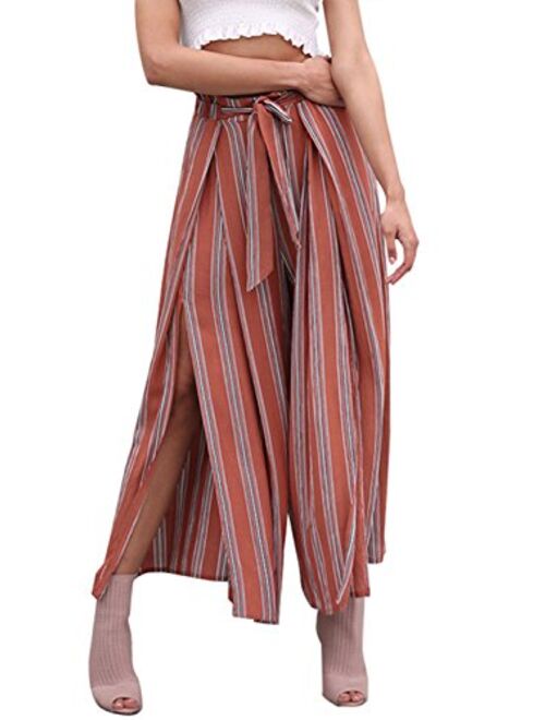 BerryGo Women's BohoHighWaistSplitStripeWideLegPants