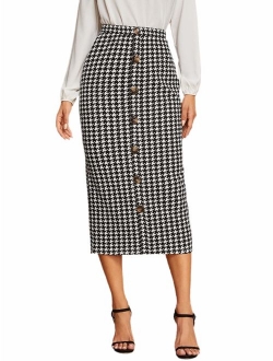 Women's Elegant Plaid Elastic Waist Bodycon Midi Skirt