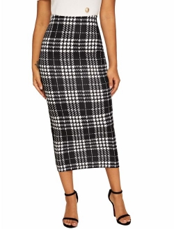 Women's Elegant Plaid Elastic Waist Bodycon Midi Skirt