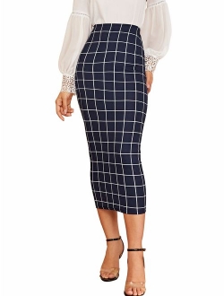 Women's Elegant Plaid Elastic Waist Bodycon Midi Skirt