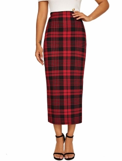 Women's Elegant Plaid Elastic Waist Bodycon Midi Skirt