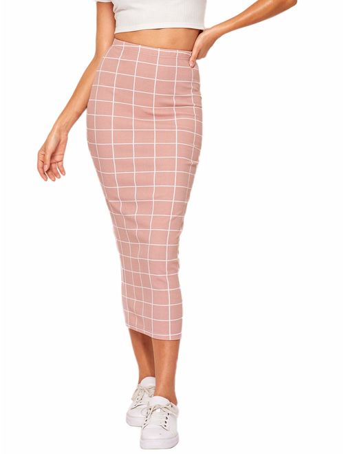 Verdusa Women's Elegant Plaid Elastic Waist Bodycon Midi Skirt