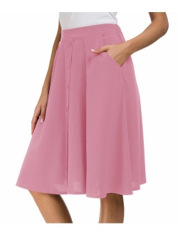 Afibi Womens High Waisted A Line Pleated Midi Skirt Button Front Skirts with Pocket