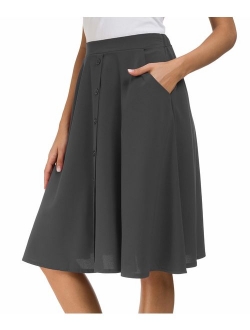 Afibi Womens High Waisted A Line Pleated Midi Skirt Button Front Skirts with Pocket