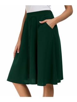 Afibi Womens High Waisted A Line Pleated Midi Skirt Button Front Skirts with Pocket