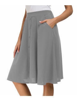 Afibi Womens High Waisted A Line Pleated Midi Skirt Button Front Skirts with Pocket