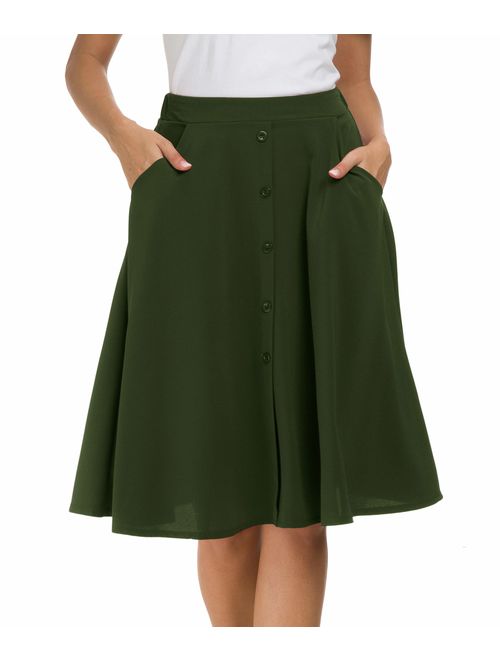 Afibi Womens High Waisted A Line Pleated Midi Skirt Button Front Skirts with Pocket
