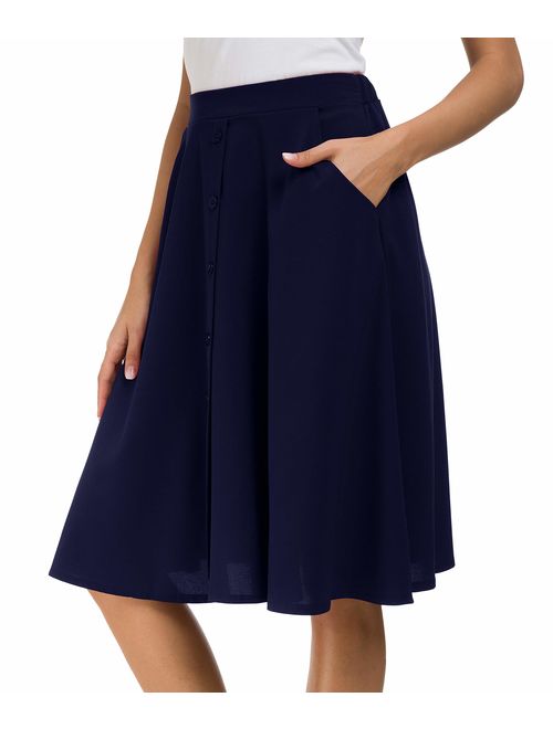 Afibi Womens High Waisted A Line Pleated Midi Skirt Button Front Skirts with Pocket