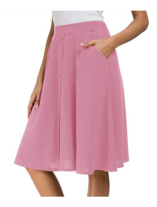 Afibi Womens High Waisted A Line Pleated Midi Skirt Button Front Skirts with Pocket