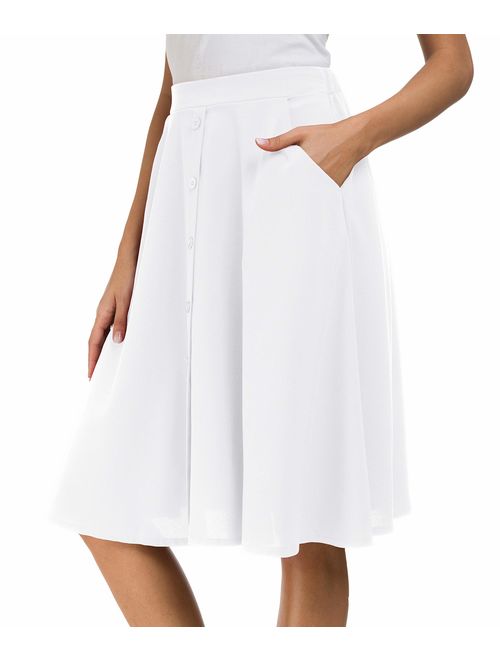 Afibi Womens High Waisted A Line Pleated Midi Skirt Button Front Skirts with Pocket