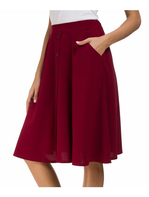 Afibi Womens High Waisted A Line Pleated Midi Skirt Button Front Skirts with Pocket