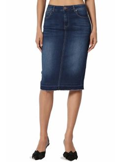 Butt Lift Wash Jean Pencil Knee Length Midi Stretch Soft Denim Skirt