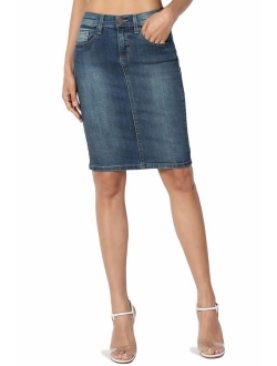 Butt Lift Wash Jean Pencil Knee Length Midi Stretch Soft Denim Skirt