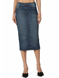 Butt Lift Wash Jean Pencil Knee Length Midi Stretch Soft Denim Skirt