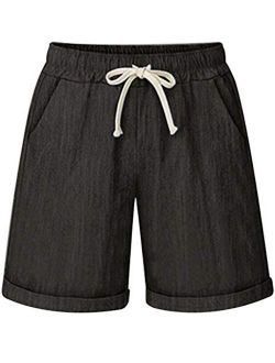 HOW'ON Women's Elastic Waist Casual Comfy Cotton Beach Shorts with Drawstring