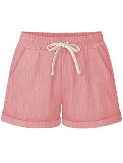 HOW'ON Women's Elastic Waist Casual Comfy Cotton Beach Shorts with Drawstring