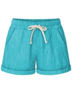 HOW'ON Women's Elastic Waist Casual Comfy Cotton Beach Shorts with Drawstring