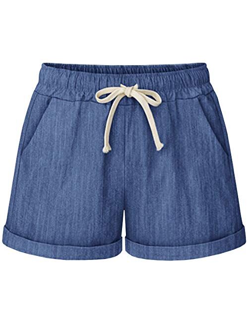 HOW'ON Women's Elastic Waist Casual Comfy Cotton Beach Shorts with Drawstring