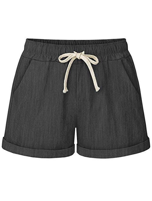 HOW'ON Women's Elastic Waist Casual Comfy Cotton Beach Shorts with Drawstring