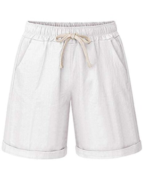 HOW'ON Women's Elastic Waist Casual Comfy Cotton Beach Shorts with Drawstring