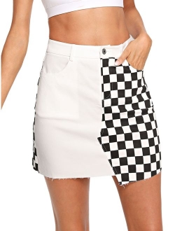 Women's Elegant Mid Waist Above Knee O-Ring Zipper Front Plaid Skirt