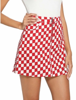 Women's Elegant Mid Waist Above Knee O-Ring Zipper Front Plaid Skirt