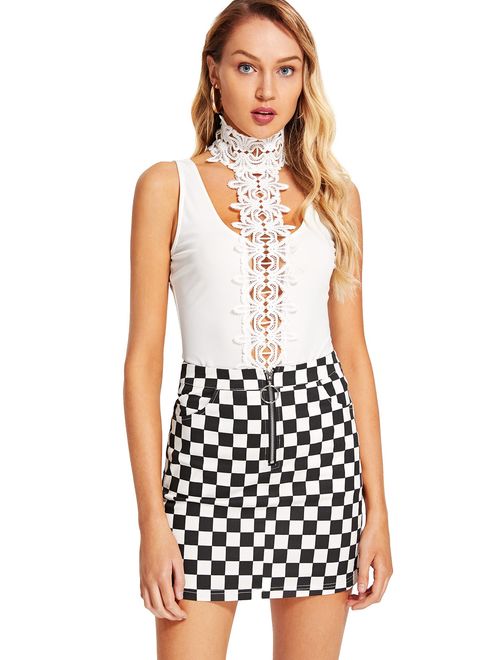 WDIRARA Women's Elegant Mid Waist Above Knee O-Ring Zipper Front Plaid Skirt