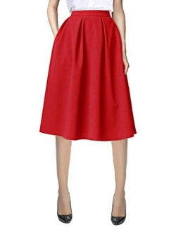 Women's Flared A line Pocket Skirt High Waist Pleated Midi Skirt