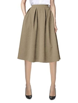 Women's Flared A line Pocket Skirt High Waist Pleated Midi Skirt