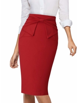 VFSHOW Womens Pleated Bow High Waist Slim Work Office Business Pencil Skirt