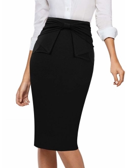 VFSHOW Womens Pleated Bow High Waist Slim Work Office Business Pencil Skirt