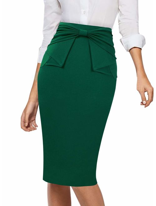 VFSHOW Womens Pleated Bow High Waist Slim Work Office Business Pencil Skirt