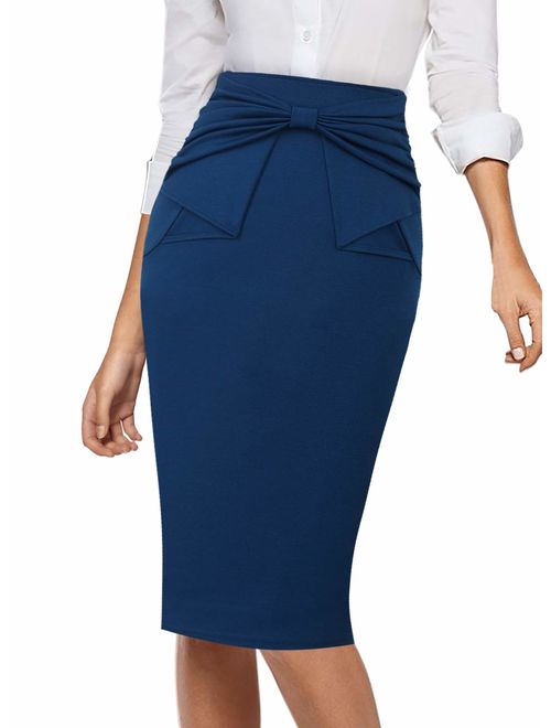 VFSHOW Womens Pleated Bow High Waist Slim Work Office Business Pencil Skirt