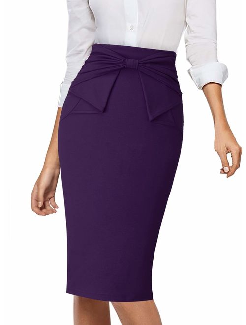 VFSHOW Womens Pleated Bow High Waist Slim Work Office Business Pencil Skirt