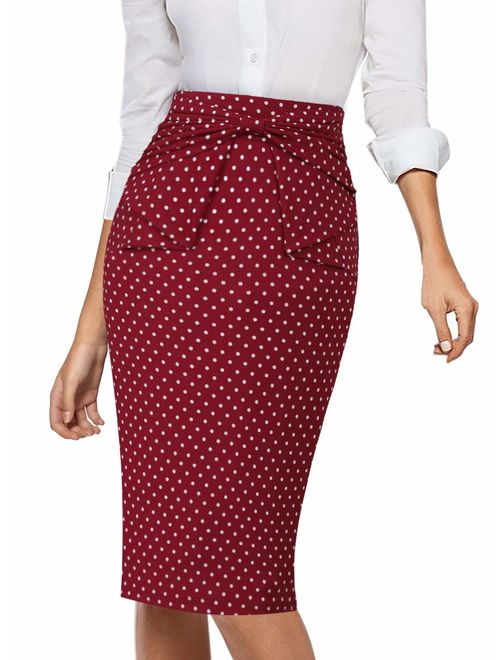 VFSHOW Womens Pleated Bow High Waist Slim Work Office Business Pencil Skirt