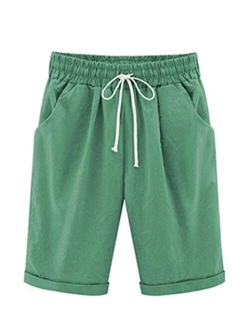 Vcansion Women's Casual Shorts Knee-Length Bermuda Shorts Elastic Waist and Drawstring Closure