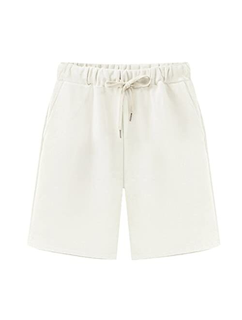 Vcansion Women's Casual Shorts Knee-Length Bermuda Shorts Elastic Waist and Drawstring Closure