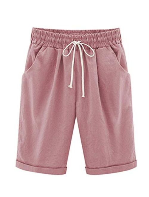 Vcansion Women's Casual Shorts Knee-Length Bermuda Shorts Elastic Waist and Drawstring Closure