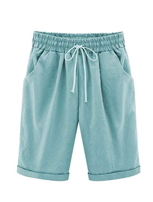 Vcansion Women's Casual Shorts Knee-Length Bermuda Shorts Elastic Waist and Drawstring Closure