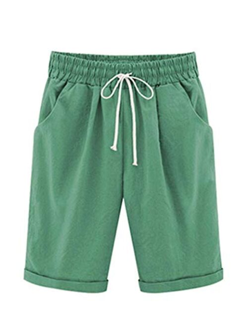 Vcansion Women's Casual Shorts Knee-Length Bermuda Shorts Elastic Waist and Drawstring Closure