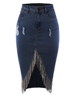 A2Y Women's Slim Fit Rayon Knee Length Unhem Back Slit Denim Jean Pencil Skirt