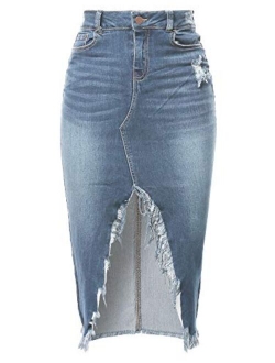 A2Y Women's Slim Fit Rayon Knee Length Unhem Back Slit Denim Jean Pencil Skirt