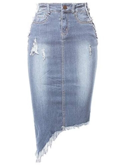 A2Y Women's Slim Fit Rayon Knee Length Unhem Back Slit Denim Jean Pencil Skirt