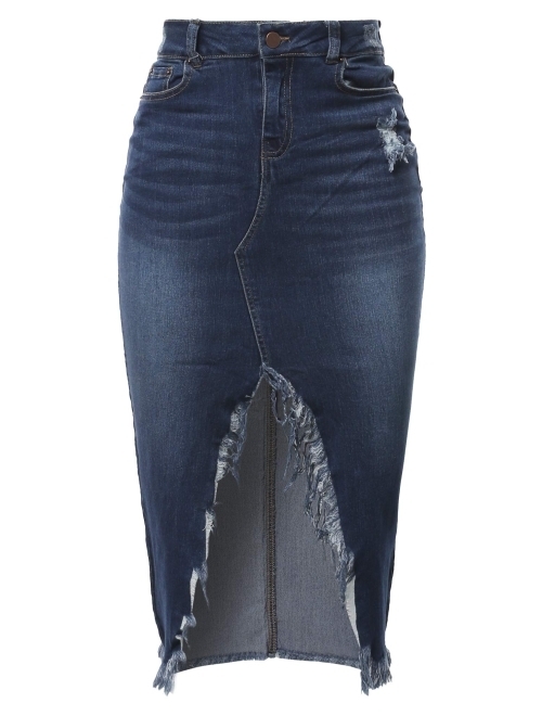 A2Y Women's Slim Fit Rayon Knee Length Unhem Back Slit Denim Jean Pencil Skirt
