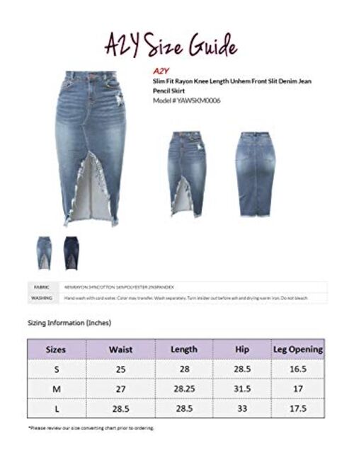 A2Y Women's Slim Fit Rayon Knee Length Unhem Back Slit Denim Jean Pencil Skirt