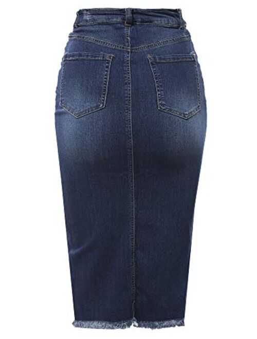 A2Y Women's Slim Fit Rayon Knee Length Unhem Back Slit Denim Jean Pencil Skirt