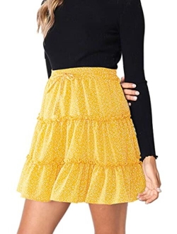 Hibluco Women' Floral Layered Ruffles Tie up High Waist Short Pleated Skirt