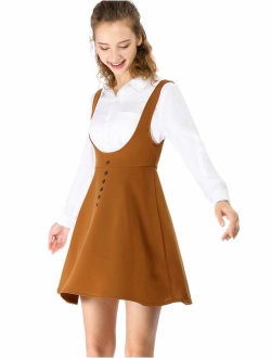 Women's Solid Button Decor Flared Hem Overall Dress Suspender Skirt