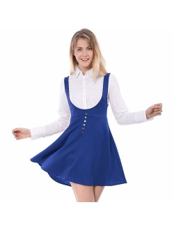 Women's Solid Button Decor Flared Hem Overall Dress Suspender Skirt